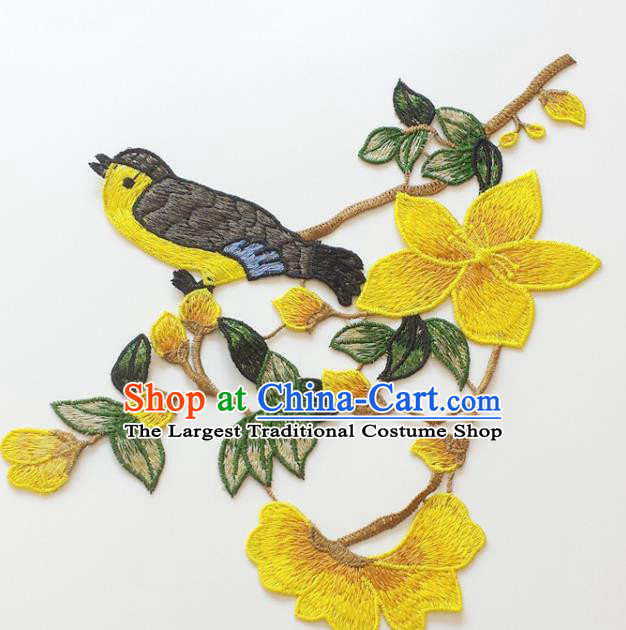 Chinese Traditional Embroidery Mangnolia Bird Yellow Applique Embroidered Patches Embroidering Cloth Accessories