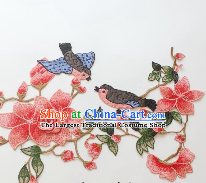 Chinese Traditional Embroidery Birds Pink Mangnolia Applique Embroidered Patches Embroidering Cloth Accessories