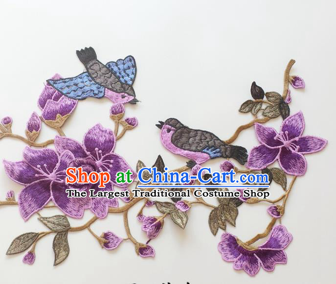 Chinese Traditional Embroidery Birds Purple Mangnolia Applique Embroidered Patches Embroidering Cloth Accessories