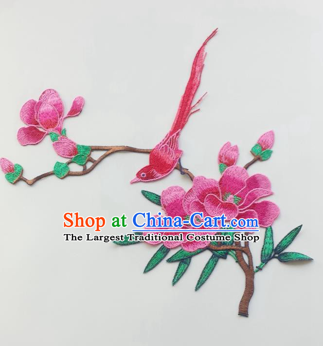 Chinese Traditional Embroidery Rosy Yulan Magnolia Bird Applique Embroidered Patches Embroidering Cloth Accessories