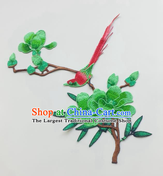 Chinese Traditional Embroidery Green Yulan Magnolia Bird Applique Embroidered Patches Embroidering Cloth Accessories