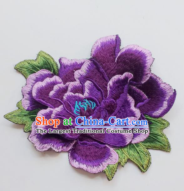 Chinese Traditional Embroidery Purple Peony Flowers Applique Embroidered Patches Embroidering Cloth Accessories