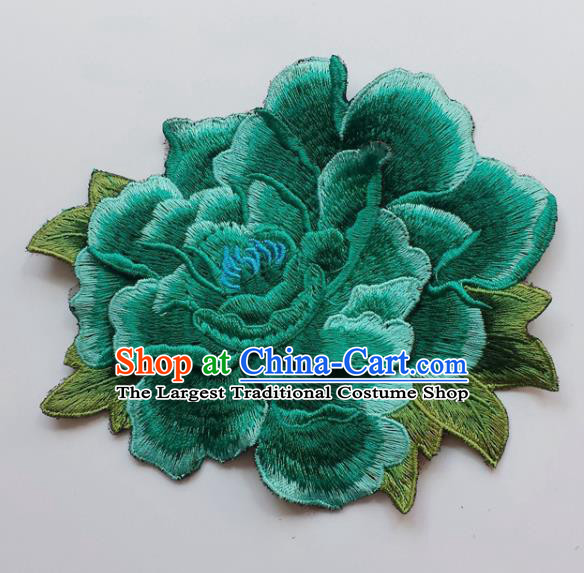 Chinese Traditional Embroidery Peacock Green Peony Flowers Applique Embroidered Patches Embroidering Cloth Accessories