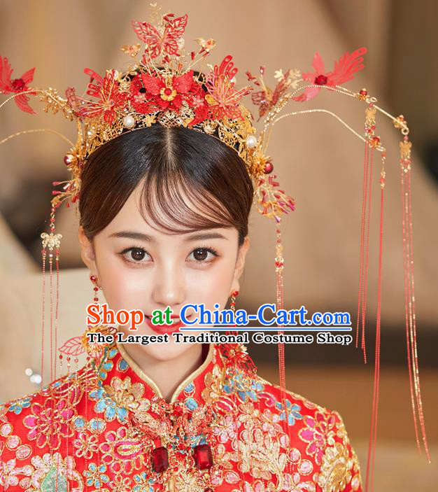 Chinese Ancient Bride Red Butterfly Phoenix Coronet Hairpins Traditional Wedding Xiu He Hair Accessories Complete Set for Women