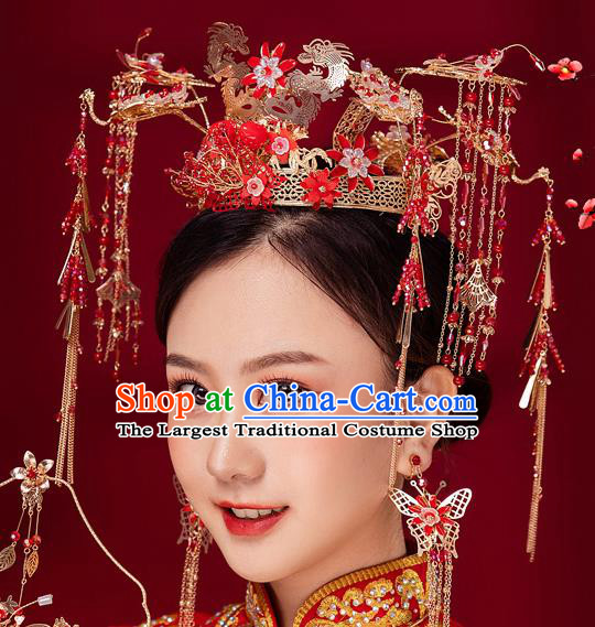 Chinese Ancient Bride Red Flowers Tassel Phoenix Coronet Hairpins Traditional Wedding Xiu He Hair Accessories Complete Set for Women