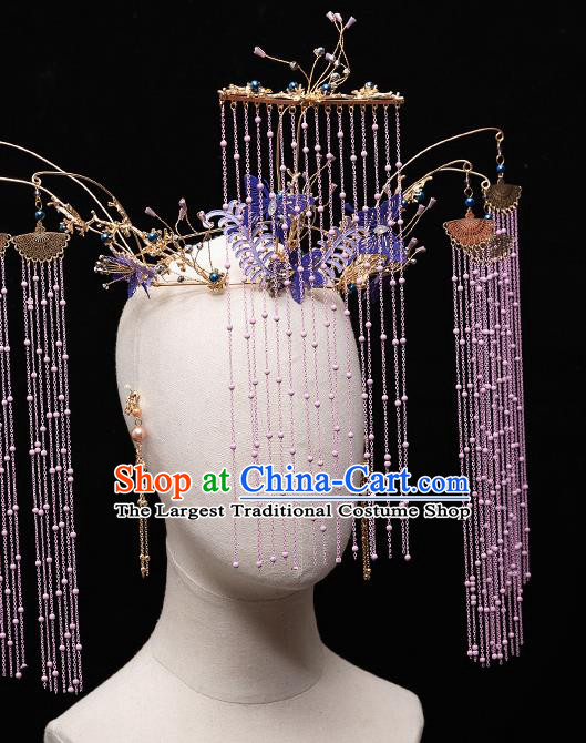 Chinese Ancient Bride Purple Butterfly Phoenix Coronet Tassel Hairpins Traditional Wedding Xiu He Hair Accessories Complete Set for Women