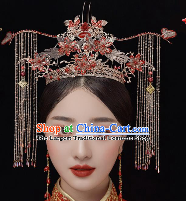 Chinese Ancient Bride Red Crystal Phoenix Coronet Tassel Hairpins Traditional Wedding Xiu He Hair Accessories Complete Set for Women