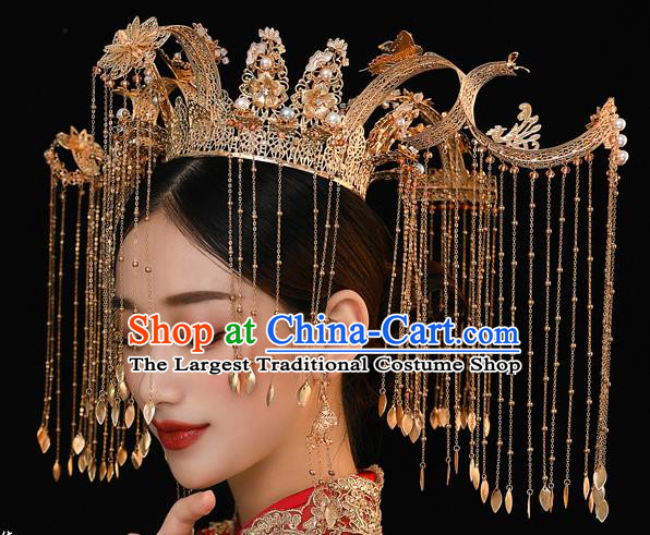 Chinese Ancient Bride Deluxe Phoenix Coronet Tassel Hairpins Traditional Wedding Xiu He Hair Accessories Complete Set for Women