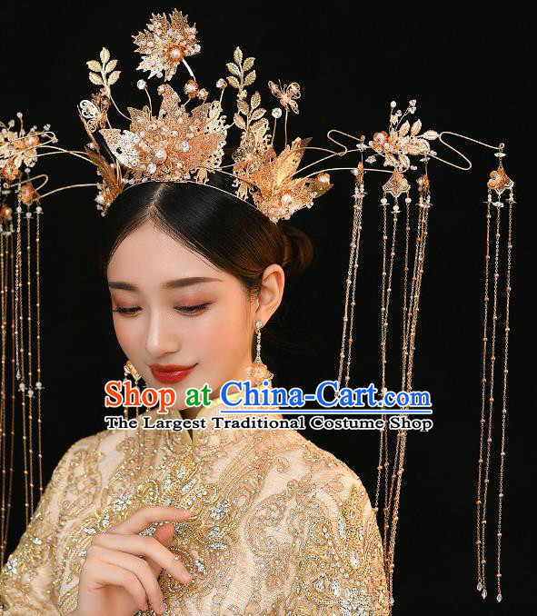 Chinese Ancient Bride Deluxe Golden Leaf Phoenix Coronet Tassel Hairpins Traditional Wedding Xiu He Hair Accessories Complete Set for Women