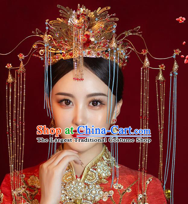 Chinese Ancient Bride Luxury Phoenix Coronet Tassel Hairpins Traditional Wedding Xiu He Hair Accessories Complete Set for Women