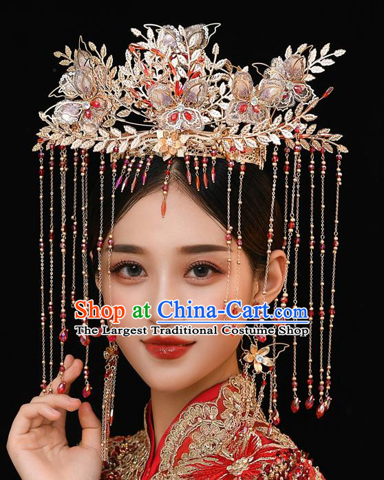 Chinese Ancient Bride Silk Butterfly Phoenix Coronet Tassel Hairpins Traditional Wedding Xiu He Hair Accessories Complete Set for Women