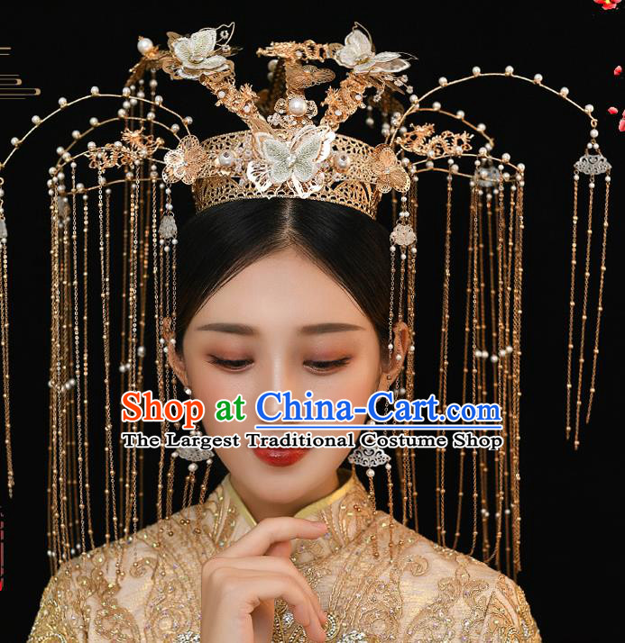 Chinese Ancient Bride Green Butterfly Phoenix Coronet Tassel Hairpins Traditional Wedding Xiu He Hair Accessories Complete Set for Women