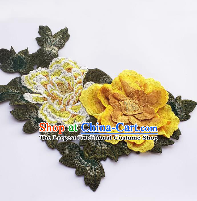 Traditional Chinese Embroidery Yellow Stereo Peony Applique Embroidered Patches Embroidering Cloth Accessories