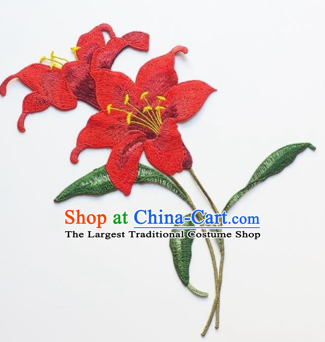 Traditional Chinese Embroidery Red Lily Flower Applique Embroidered Patches Embroidering Cloth Accessories