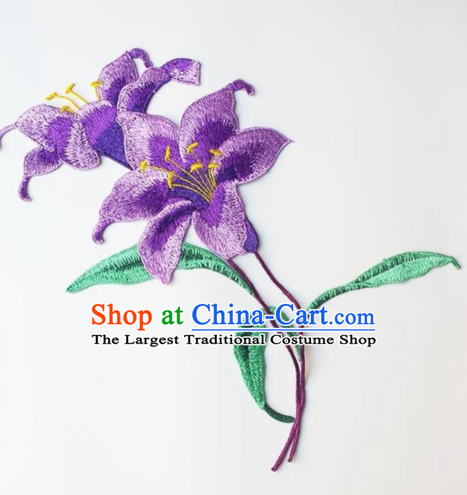 Traditional Chinese Embroidery Purple Lily Flower Applique Embroidered Patches Embroidering Cloth Accessories