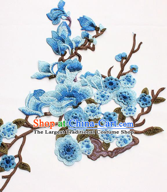 Traditional Chinese National Embroidery Blue Plum Mangnolia Applique Embroidered Patches Embroidering Cloth Accessories