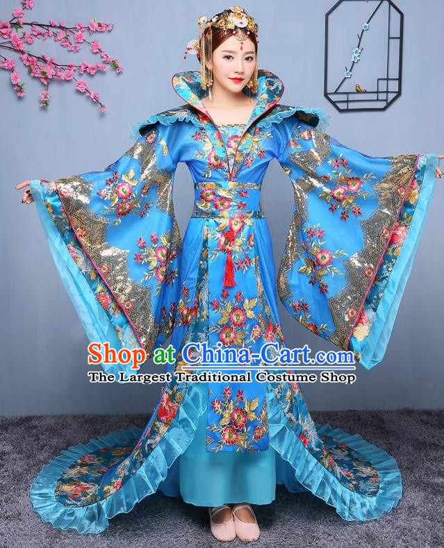 Chinese Ancient Tang Dynasty Imperial Consort Blue Dress Traditional Hanfu Goddess Classical Dance Costumes for Women