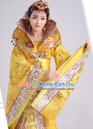 Chinese Ancient Tang Dynasty Imperial Consort Yellow Trailing Dress Traditional Hanfu Goddess Classical Dance Costumes for Women