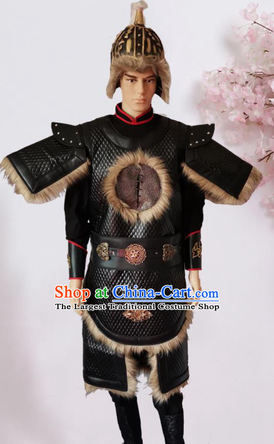 Chinese Ancient Yuan Dynasty General Body Armour Traditional Ancient Soldier Costumes and Hat for Men