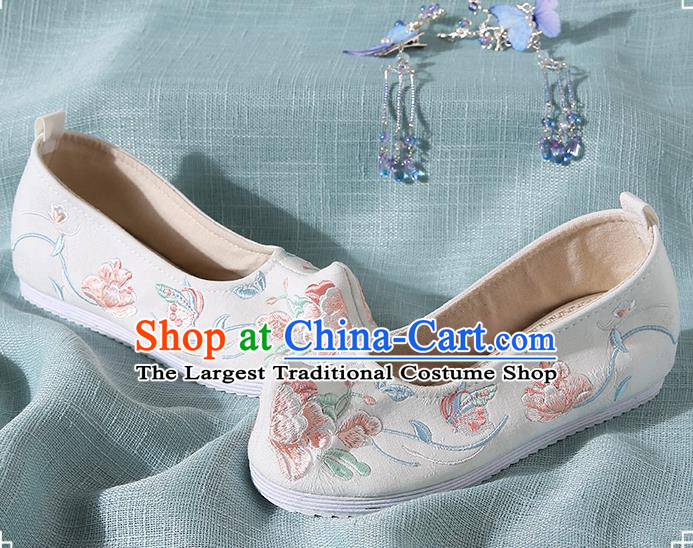 Chinese Handmade Embroidered Flowers White Cloth Bow Shoes Traditional Ming Dynasty Hanfu Shoes Princess Shoes for Women