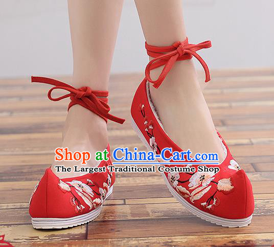 Chinese Handmade Embroidered Plum Red Cloth Shoes Traditional Hanfu Shoes National Shoes for Women
