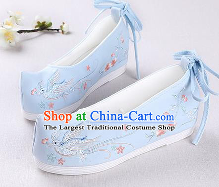 Chinese Handmade Opera Embroidered Bird Blue Shoes Traditional Hanfu Shoes National Shoes for Women