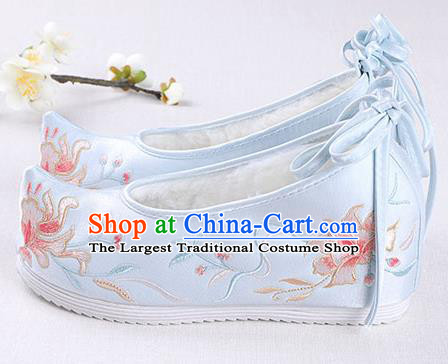 Chinese Handmade Opera Winter Blue Embroidered Shoes Traditional Hanfu Shoes National Shoes for Women