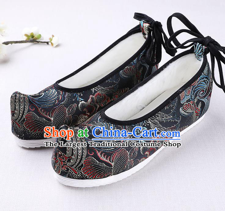 Chinese Handmade Opera Winter Black Satin Shoes Traditional Hanfu Shoes National Shoes for Women