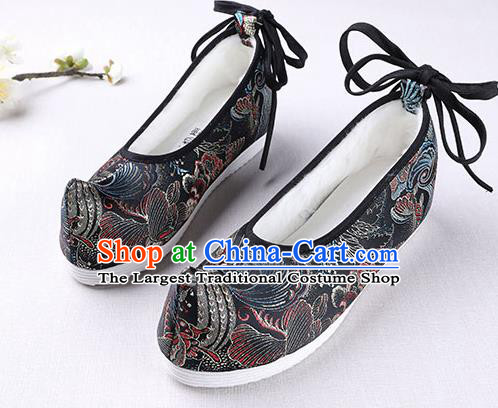 Chinese Handmade Opera Winter Black Satin Shoes Traditional Hanfu Shoes National Shoes for Women
