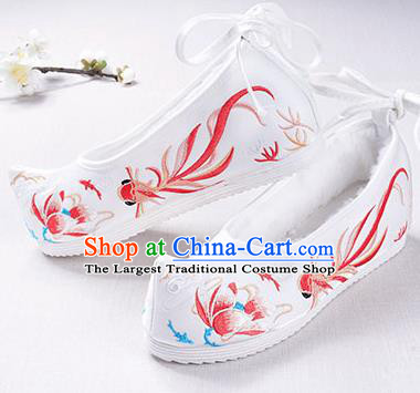 Chinese Handmade Opera Winter Embroidered Goldfish Lotus White Shoes Traditional Hanfu Shoes National Shoes for Women