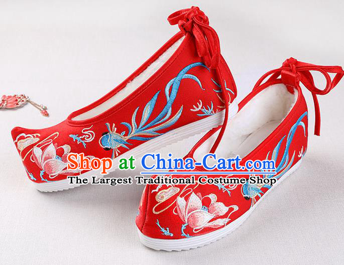 Chinese Handmade Opera Winter Embroidered Goldfish Lotus Red Shoes Traditional Hanfu Shoes National Shoes for Women