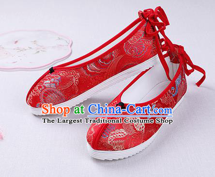 Chinese Handmade Opera Embroidered Red Brocade Shoes Traditional Hanfu Shoes National Shoes for Women