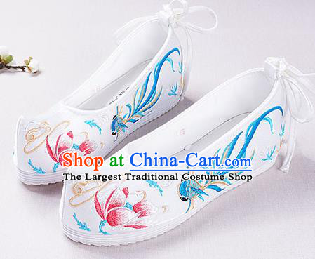 Chinese Handmade Opera Embroidered Lotus Goldfish White Bow Shoes Traditional Hanfu Shoes National Shoes for Women