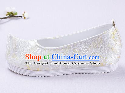 Chinese Handmade Opera Embroidered White Brocade Bow Shoes Traditional Hanfu Shoes National Shoes for Women