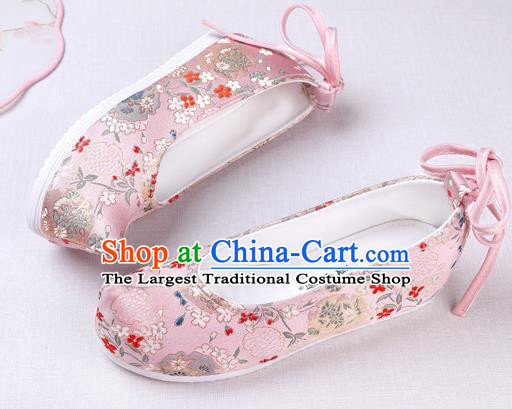 Chinese Handmade Opera Embroidered Pink Brocade Bow Shoes Traditional Hanfu Shoes National Shoes for Women