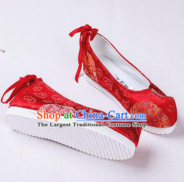 Chinese Handmade Opera Wedding Red Brocade Bow Shoes Traditional Hanfu Shoes National Shoes for Women