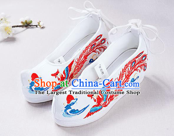 Chinese Handmade Embroidered Phoenix White Opera Shoes Traditional Hanfu Shoes National Shoes for Women