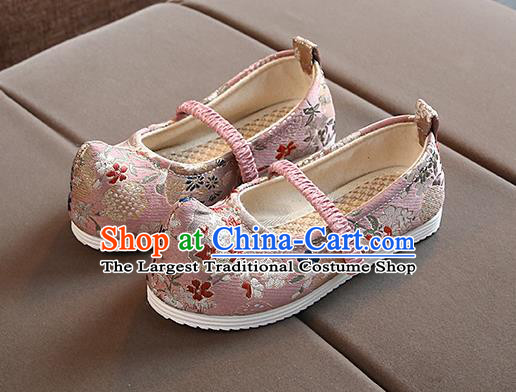 Chinese Handmade Pink Brocade Shoes Traditional Hanfu Shoes National Shoes for Kids