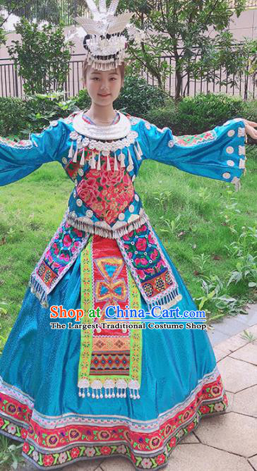 Chinese Traditional Miao Nationality Embroidered Blue Costume Ethnic Folk Dance Dress for Women