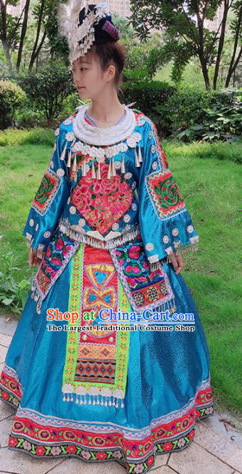 Chinese Traditional Miao Nationality Embroidered Blue Costume Ethnic Folk Dance Dress for Women