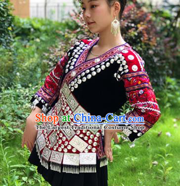 Chinese Traditional Miao Nationality Embroidered Costume Ethnic Folk Dance Black Short Dress for Women