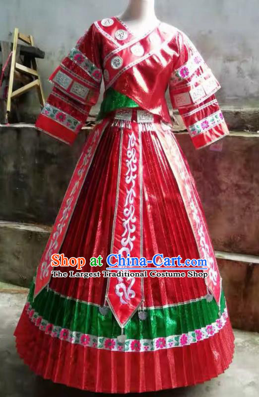 Chinese Traditional Miao Nationality Embroidered Costume Ethnic Folk Dance Red Dress for Women