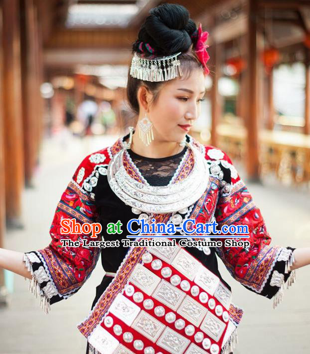 Chinese Traditional Miao Nationality Embroidered Costume Ethnic Folk Dance Black Dress for Women