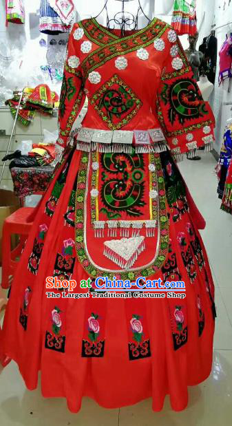 Chinese Traditional Miao Nationality Embroidered Red Dress Ethnic Folk Dance Costume for Women