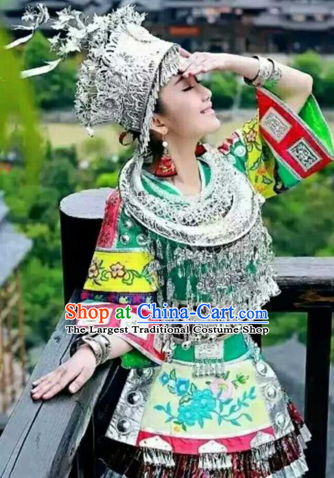 Chinese Traditional Miao Nationality Embroidered Green Dress Ethnic Folk Dance Costume and Headwear for Women