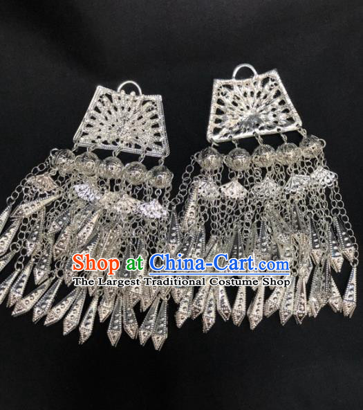 Chinese Handmade Traditional Miao Nationality Silver Peacock Tassel Earrings Ethnic Wedding Bride Accessories for Women