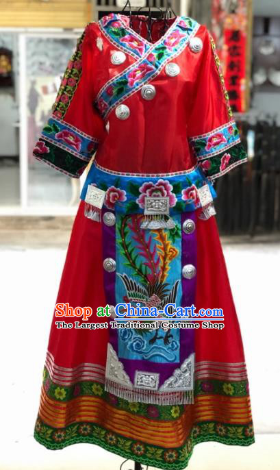Chinese Traditional Miao Nationality Bride Embroidered Red Dress Ethnic Folk Dance Costume for Women