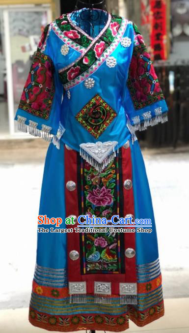 Chinese Traditional Miao Nationality Bride Embroidered Blue Dress Ethnic Folk Dance Costume for Women