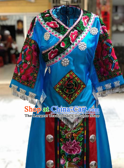 Chinese Traditional Miao Nationality Bride Embroidered Blue Dress Ethnic Folk Dance Costume for Women