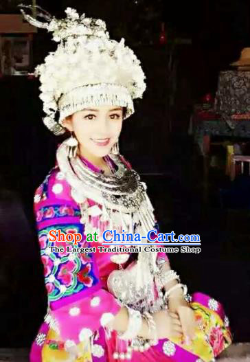 Chinese Traditional Miao Nationality Bride Embroidered Rosy Dress Ethnic Folk Dance Costume and Headwear for Women